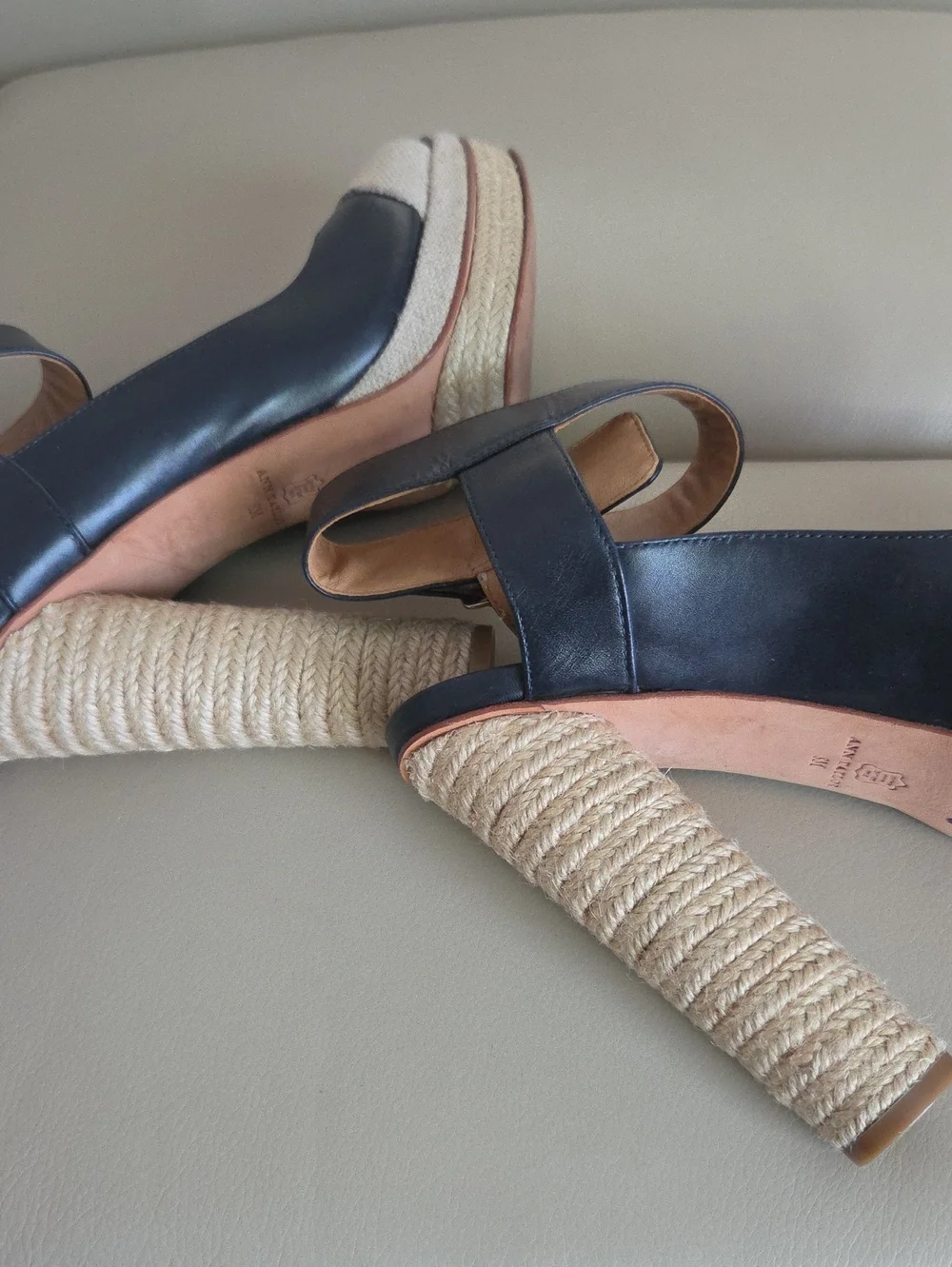 Ann Taylor Blue / Beige Leather and Natural Rope Platform Slingbacks Size 8M